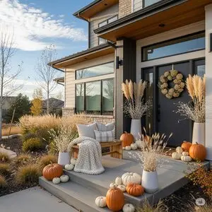 A modern porch with white and orange pumpkins