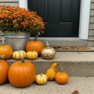 A few pumpkins and mums beside a front door