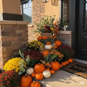 Pumpkins and mums stacked along a front step
